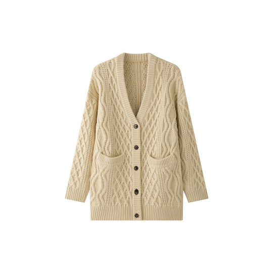 Damen Oversize Strickcardigan mit Zopfmuster, aufgesetzten Taschen und Knopfleiste Nord Taschen