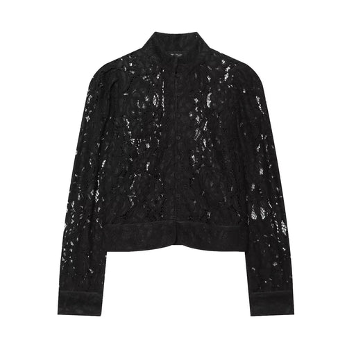 Damen Cropped‑Spitzenjacke mit Stehkragen, floraler Spitze und durchgehender Knopfleiste Nord Taschen