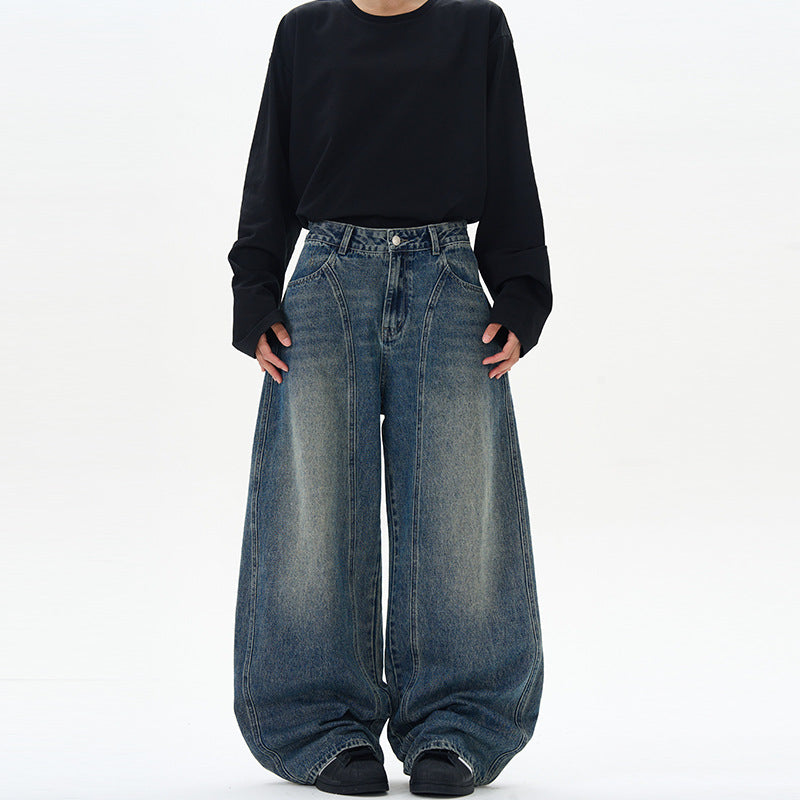 Damen Ultraweite hochgeschnittene Jeans-Palazzohose aus Vintage-Jeansstoff mit tiefem Schritt und skulpturaler Nahtführung Nord Taschen