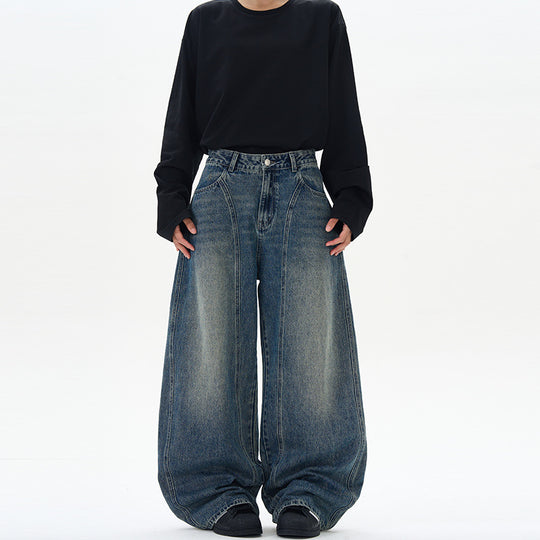 Damen Ultraweite hochgeschnittene Jeans-Palazzohose aus Vintage-Jeansstoff mit tiefem Schritt und skulpturaler Nahtführung Nord Taschen