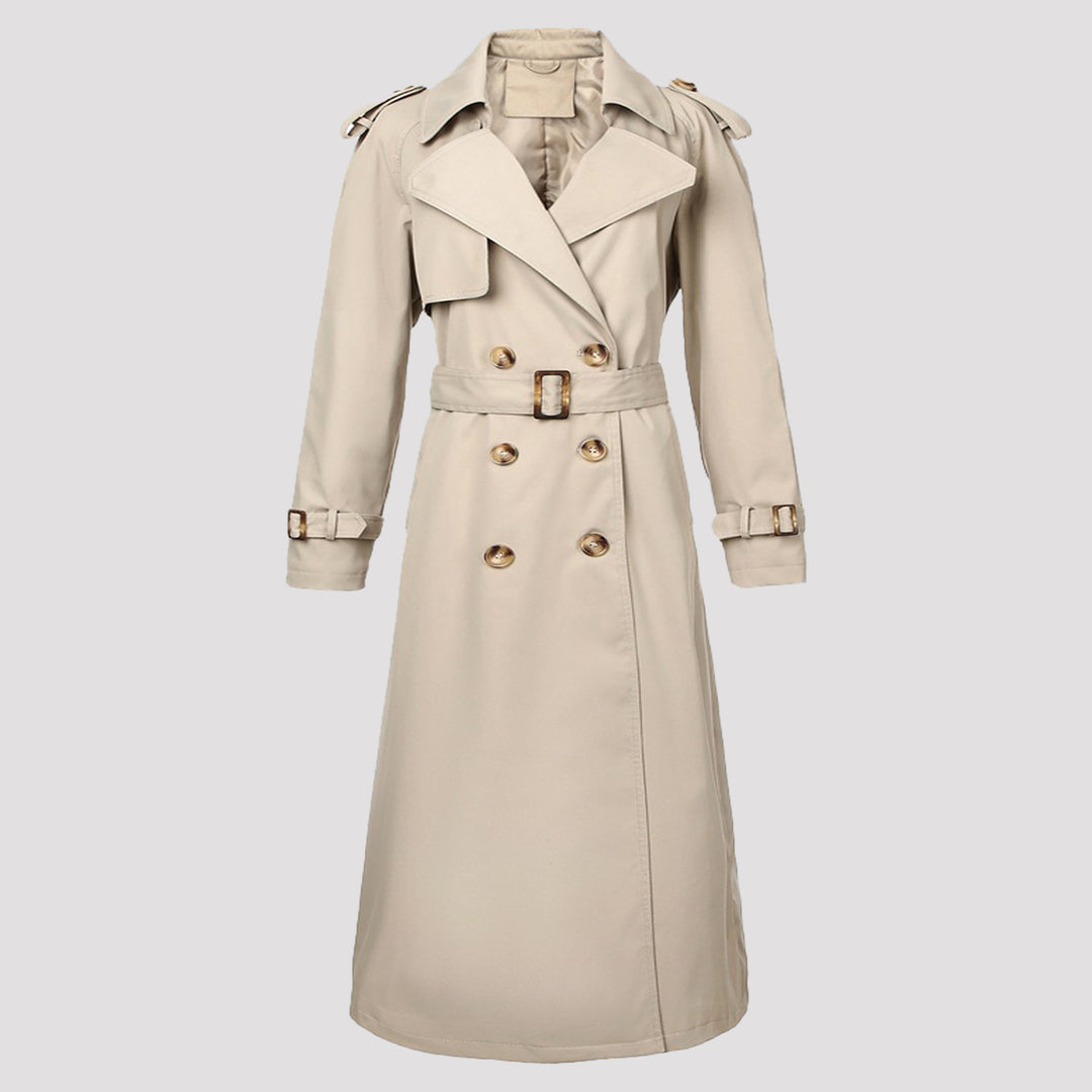 Damen Klassischer Doppelreihiger Trenchcoat mit Gürtel und Epauletten Nord Taschen