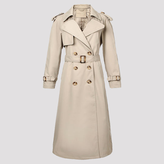 Damen Klassischer taillierter Doppelreihiger Trenchcoat mit Bindegürtel und Schulterklappen Nord Taschen