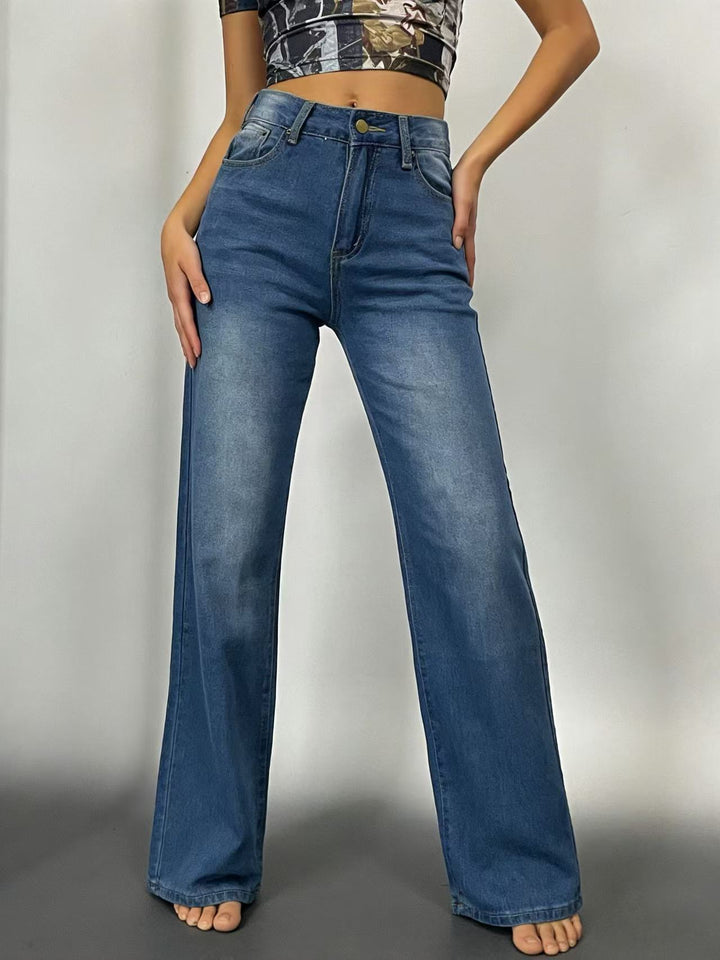 Damen hochgeschnittene Jeans mit schmaler Hüftpassform und weitem Schlag im Retro-Stil Nord Taschen