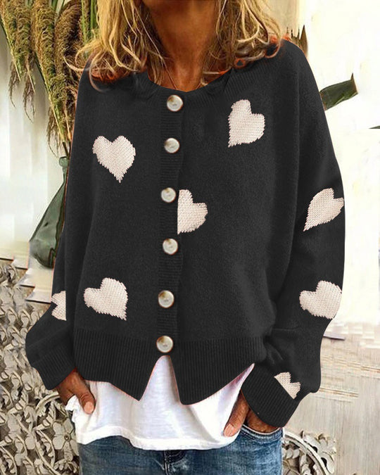 Damen Geknöpfter Oversize-Strickcardigan mit Herz-Jacquard und Perlmuttknöpfen Nord Taschen