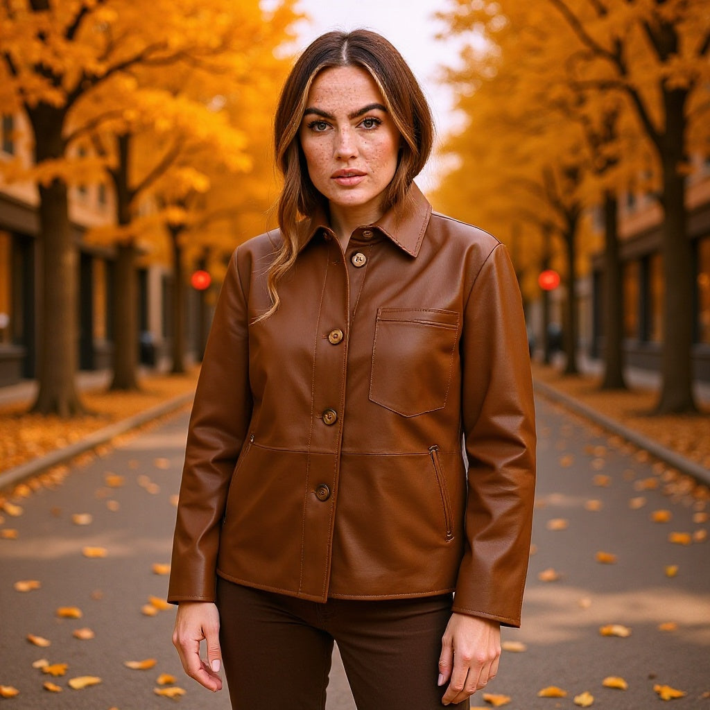 Damen Overshirt-Jacke in Lederoptik mit aufgesetzter Brusttasche und verdeckter Knopfleiste Nord Taschen