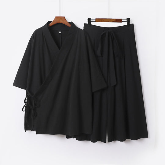 Damen Kimono-Loungewear-Set aus leichter Viskose mit Wickeloberteil und weitem Culotte-Hosenrock Nord Taschen