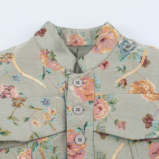 Damen Bestickte Jacquard-Kurzjacke mit Mandarin-Kragen und aufgesetzten Klappentaschen Nord Taschen