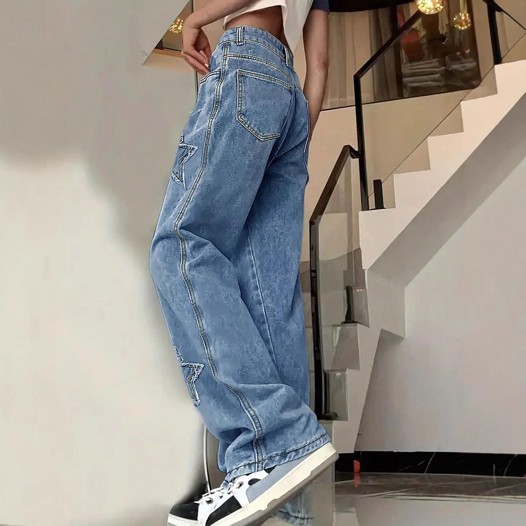 Damen Extraweite Baggy-Jeans aus leichter Denim mit Stern-Applikationen und überlängerter Silhouette Nord Taschen