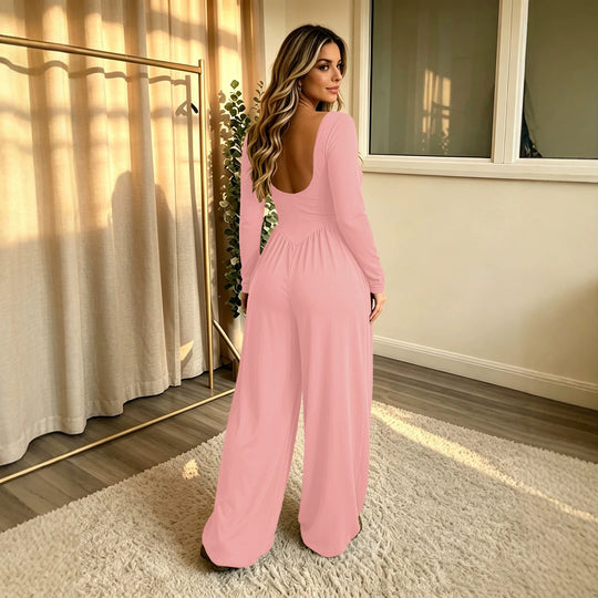 Damen Langer Jumpsuit mit weitem Bein, tiefem Rundhals und Eingrifftaschen Nord Taschen