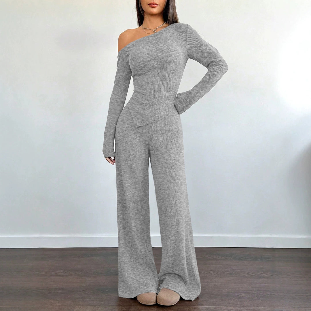 Damen Asymmetrisches Strick-Lounge-Set mit One-Shoulder-Oberteil und weitem Bein Nord Taschen