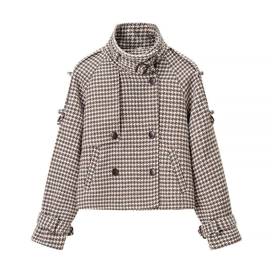 Damen Oversize-Trenchcoat mit Hahnentritt-Muster, hohem Stehkragen und Schulterklappen Nord Taschen