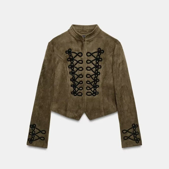 Damen Kurze Velourslederjacke im Military‑Look mit Stehkragen und dekorativen Kordelapplikationen Nord Taschen