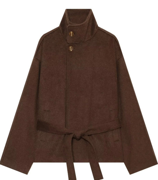 Damen Kurzer Wollmix‑Capecoat mit hohem Stehkragen, verdeckter Knopfleiste und Taillenbindegürtel Nord Taschen