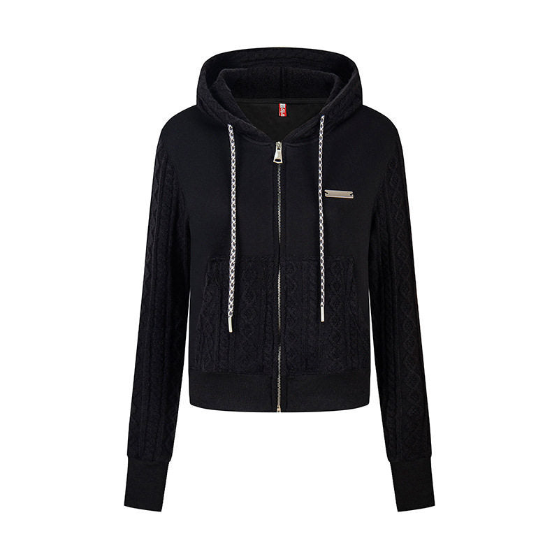 Damen Kurz geschnittene Kapuzen-Jacke mit Strukturstrick-Paneelen, Kordelzug und Metall-Reißverschluss Nord Taschen