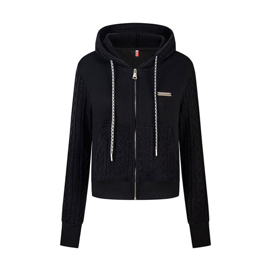 Damen Kurz geschnittene Kapuzen-Jacke mit Strukturstrick-Paneelen, Kordelzug und Metall-Reißverschluss Nord Taschen