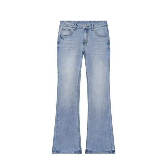 Damen Hochgeschnittene Schlaghose-Jeans mit dezenter Used-Waschung und Fünf-Taschen-Design Nord Taschen