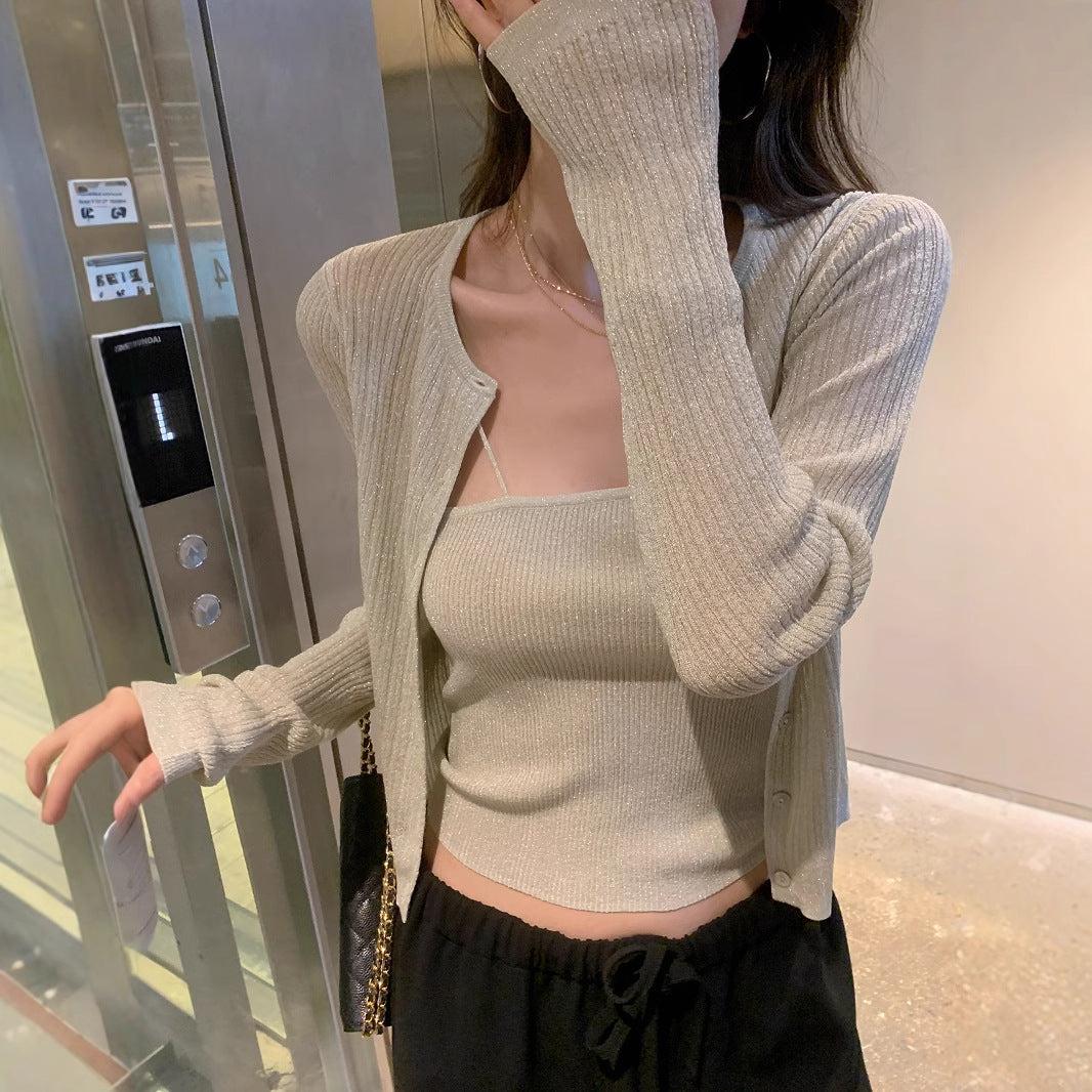 Damen Leichtes Ripp-Twinset aus Glanzgarn mit Spaghettitop und Knopfcardigan Nord Taschen