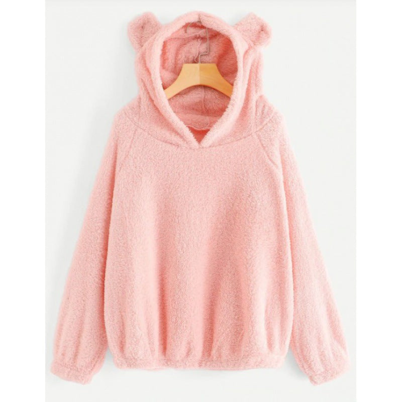 Damen Kuscheliger Teddy-Kapuzenpullover mit Bärenohren und Gummizugsaum Nord Taschen