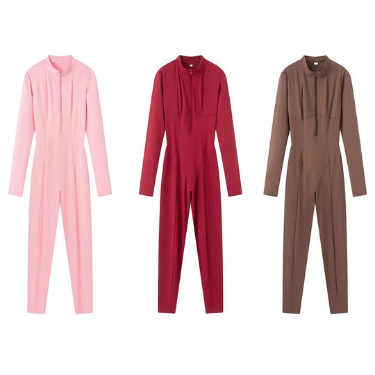 Damen Slim-Fit einteiliger Catsuit mit Reißverschluss und hohem Kragen Nord Taschen