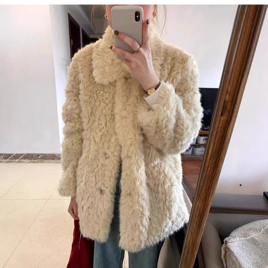 Damen Kurzer Teddy-Kunstfellmantel mit vollem Kragen und kastiger Silhouette Nord Taschen