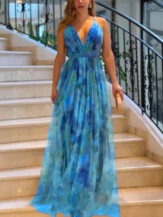 Damen Elegantes Maxikleid mit tiefem V-Ausschnitt und luftigen Stoffschichten