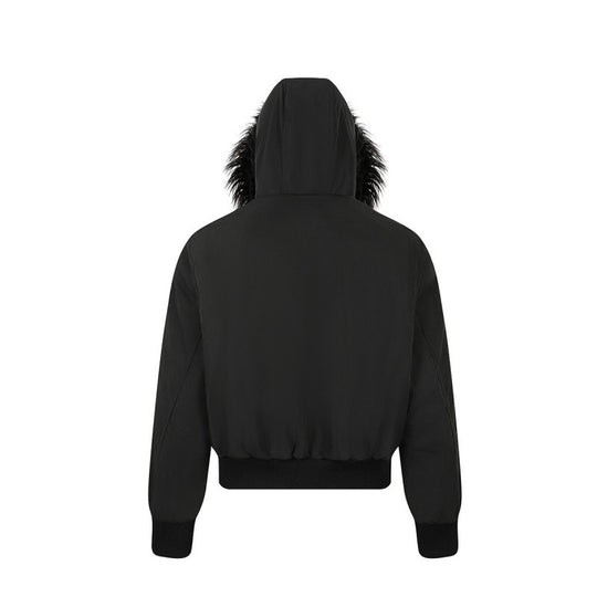 Damen Kurz geschnittene wattierte Bomberjacke mit Kunstfellkapuze und aufgesetzten Label‑Patches Nord Taschen