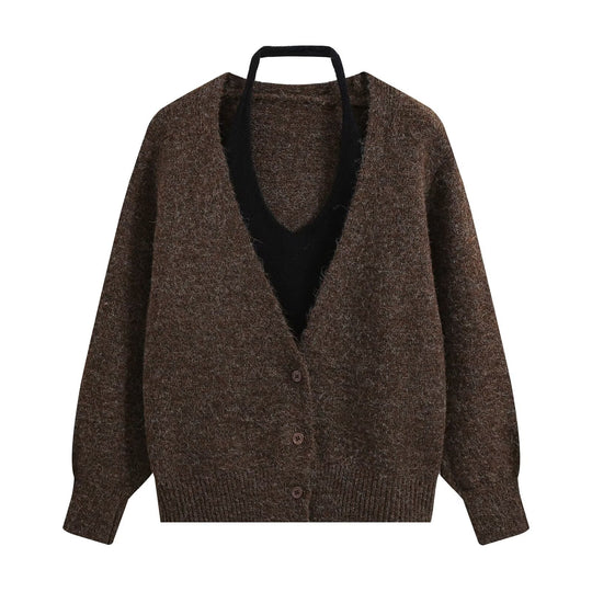 Damen Oversize Strickcardigan mit tiefem V Ausschnitt und Rippbund Nord Taschen