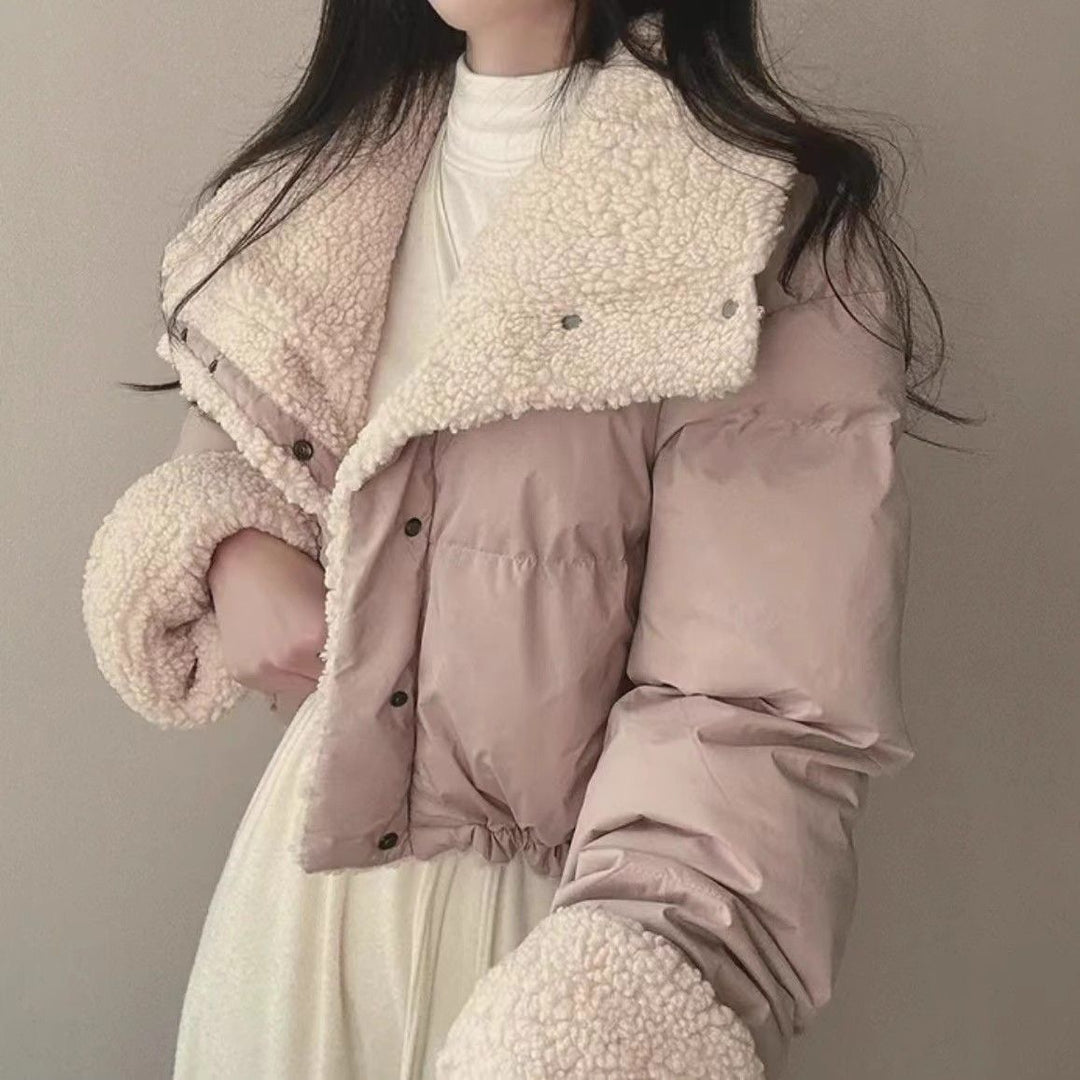Damen nan kurze gesteppte Pufferjacke mit Teddykragen, krempelbaren Ärmeln und Tunnelzugsaum Nord Taschen