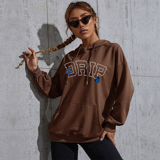 Damen Oversize-Kapuzenpullover mit Kängurutasche und Schmetterling-Stickerei Nord Taschen