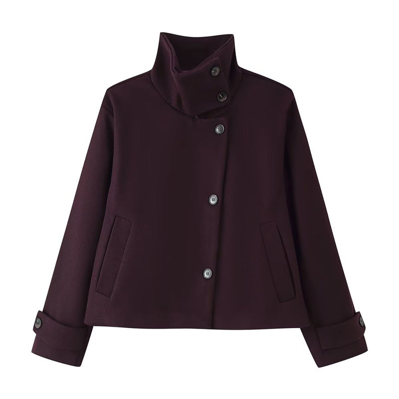 Damen kurze Boxy-Wolljacke mit Stehkragen und Manschetten Nord Taschen
