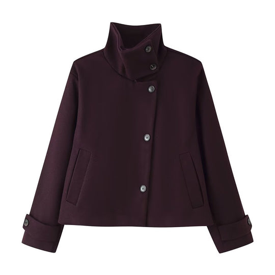 Damen kurze Boxy-Wolljacke mit Stehkragen und Manschetten Nord Taschen