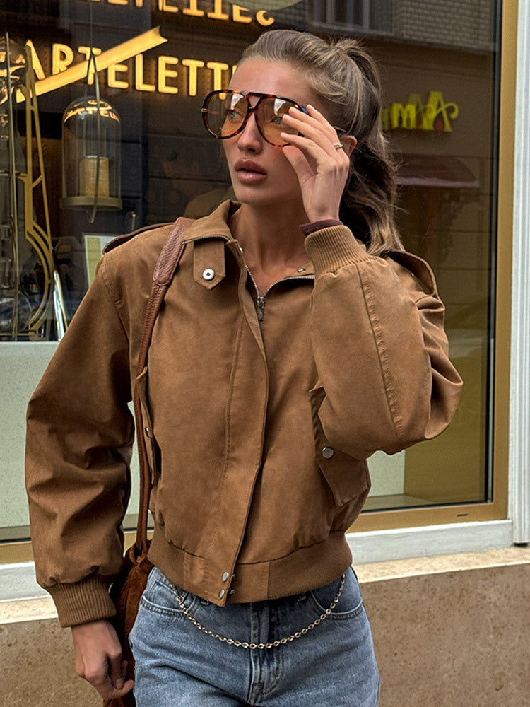Damen Kurz geschnittene Bomberjacke aus Velourslederoptik mit Rippbündchen Nord Taschen