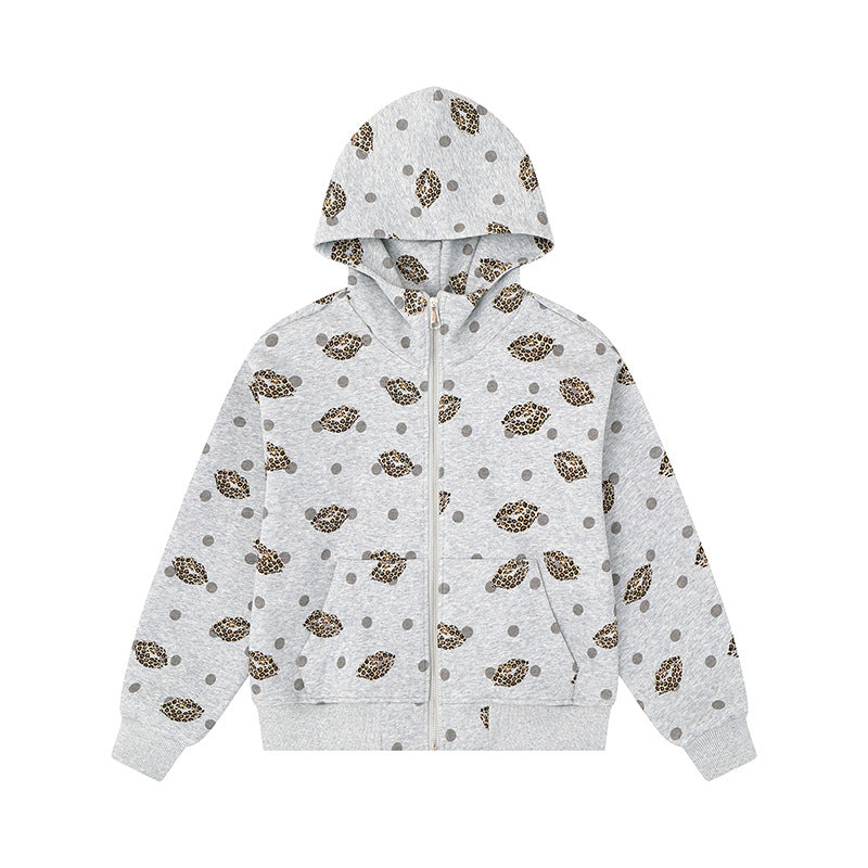 Damen Reißverschluss-Hoodie im Casual-Look mit Lippen‑Motiv und Punktmuster Nord Taschen