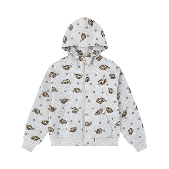 Damen Reißverschluss-Hoodie im Casual-Look mit Lippen‑Motiv und Punktmuster Nord Taschen