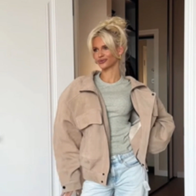 Damen Oversize Wildlederoptik Jacke mit Pattentaschen und Stehkragen Nord Taschen