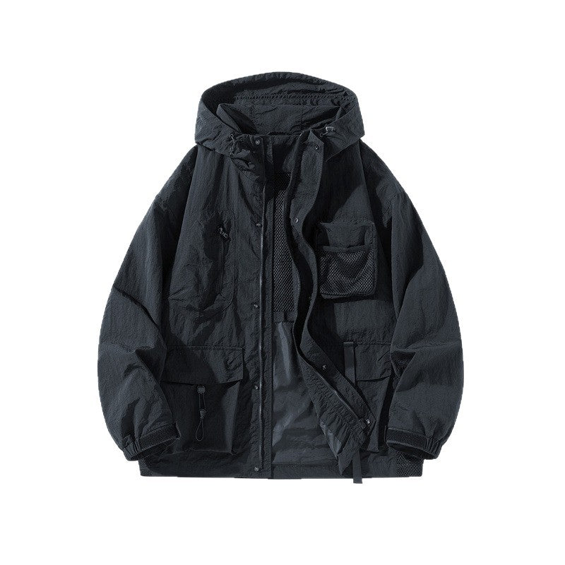 Herren Technische Utility-Outdoorjacke mit Kapuze Multifunktionstaschen und Mesh-Innenfutter Nord Taschen