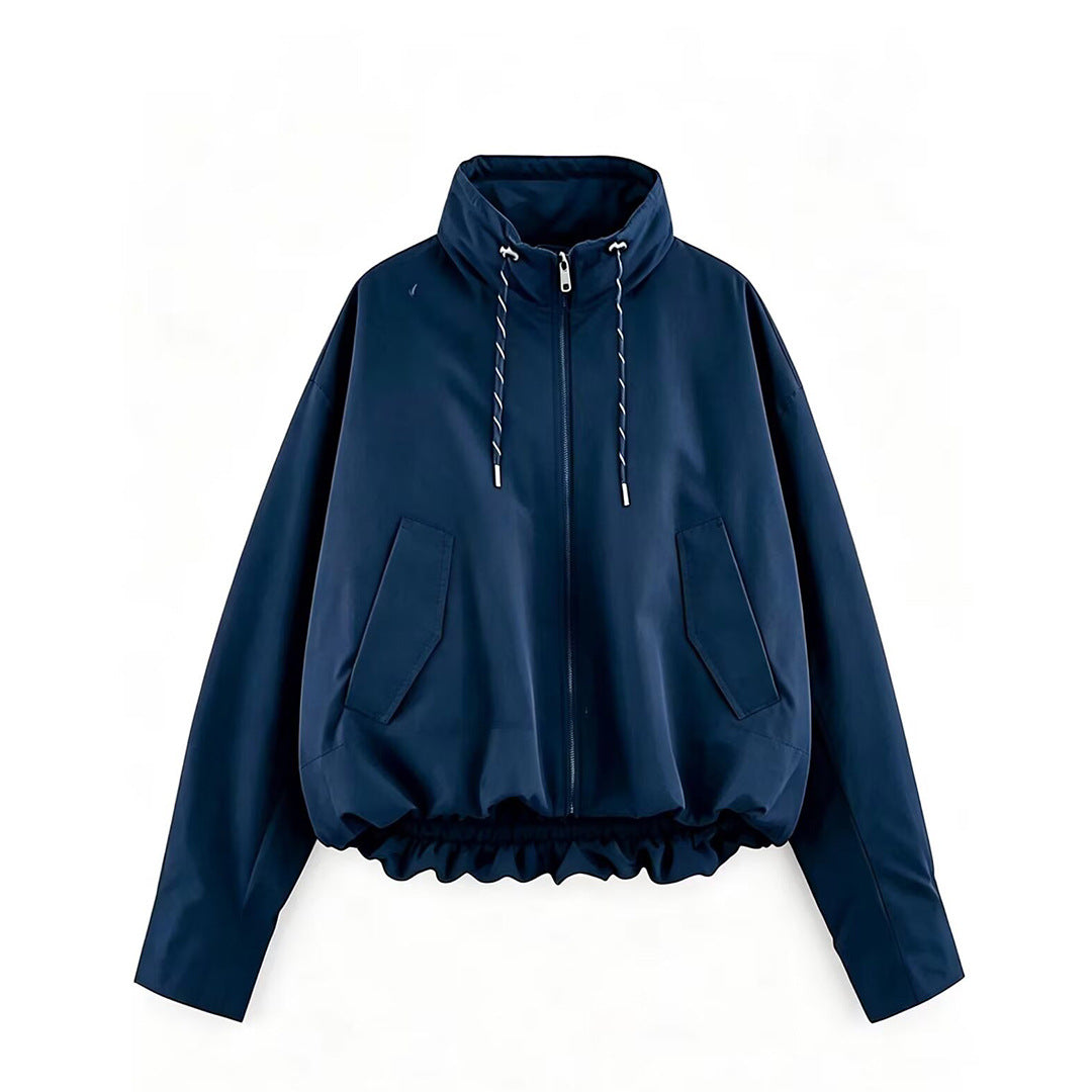 Damen Cropped Oversize Windbreaker mit hohem Funnelkragen, Kordelzug und gerafftem Elastikbund Nord Taschen