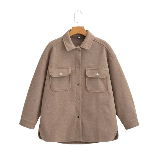 Damen Oversize Wollmix-Shacket mit Druckknopffront und aufgesetzten Pattentaschen Nord Taschen