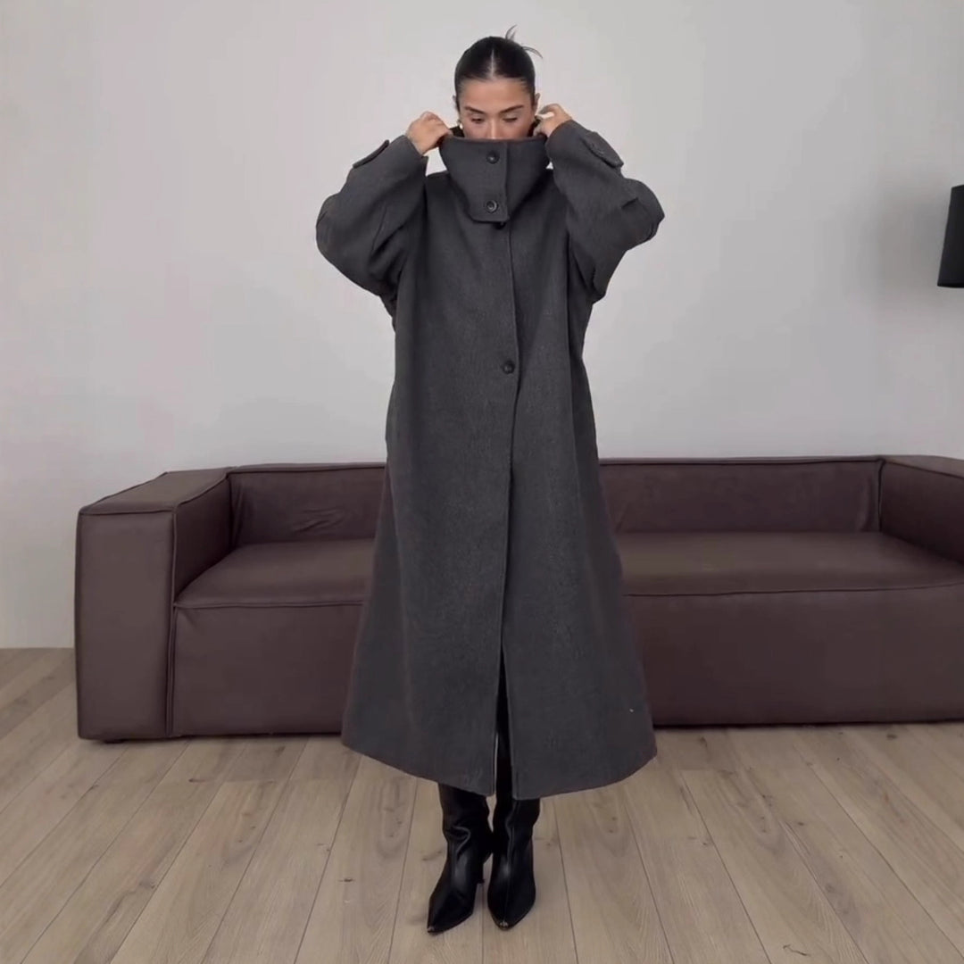 Damen 300+ langer minimalistischer Wollmix‑Mantel mit Stehkragen und verdeckter Knopfleiste Nord Taschen