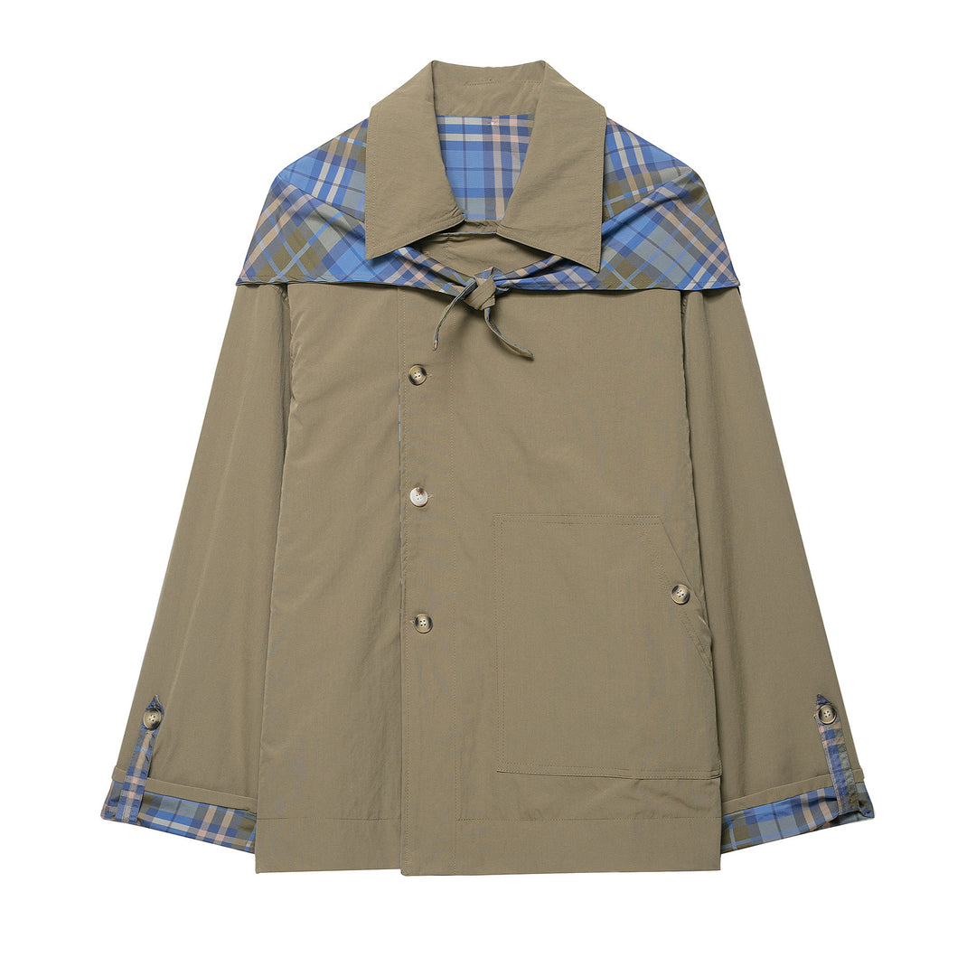 Damen 100+ kurzer Cape‑Trench mit karierter Innenverarbeitung und Knotenverschluss Nord Taschen