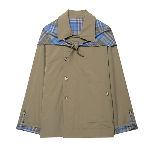 Damen 100+ kurzer Cape‑Trench mit karierter Innenverarbeitung und Knotenverschluss Nord Taschen