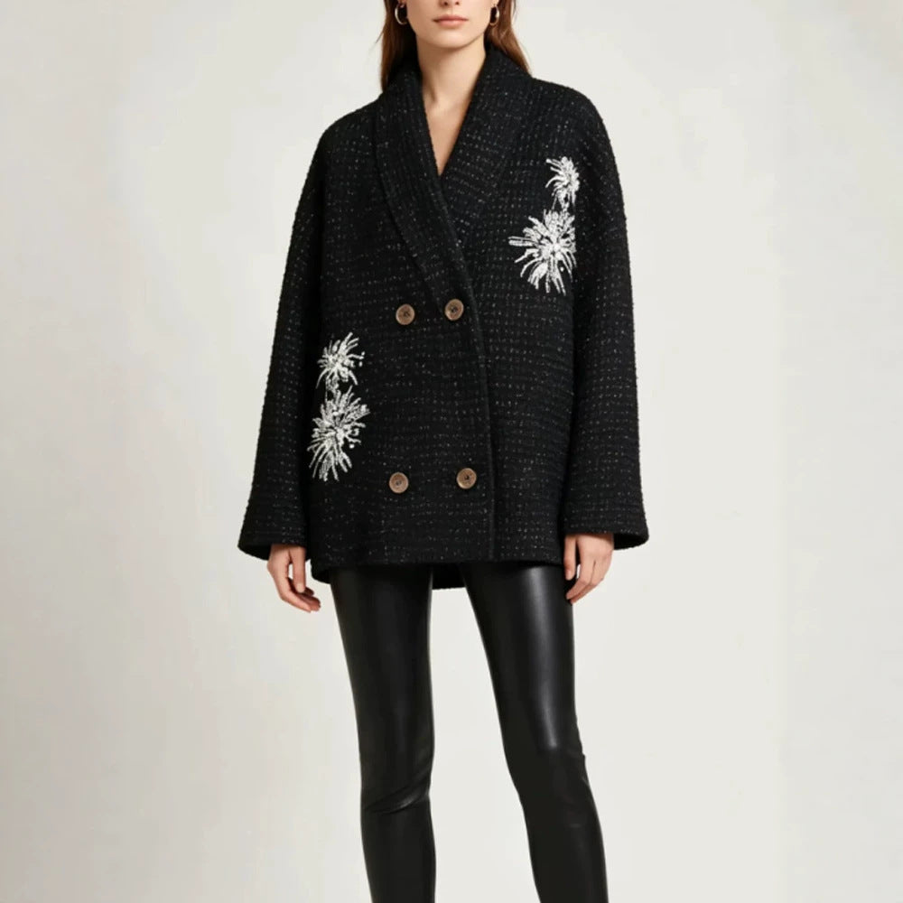 Damen Oversize-Bouclé-Manteljacke mit Schalkragen und floraler Stickerei Nord Taschen