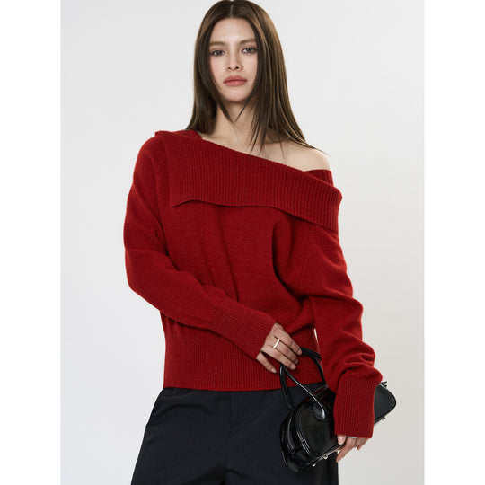Damen Schulterfreier Oversize-Rippstrickpullover mit umgeschlagenem Kragen Nord Taschen