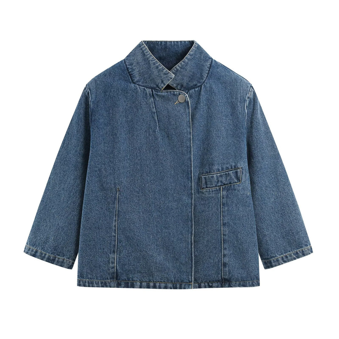 Damen Denim-Set aus boxiger Jacke mit Stehkragen und hochgeschnittener Schlaghose Nord Taschen