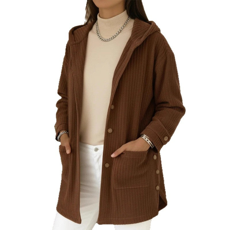 Damen Langer Kapuzen-Strickcardigan mit Rippenstruktur, Knopfleiste und Seitentaschen Nord Taschen