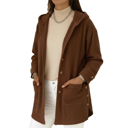 Damen Langer Kapuzen-Strickcardigan mit Rippenstruktur, Knopfleiste und Seitentaschen Nord Taschen