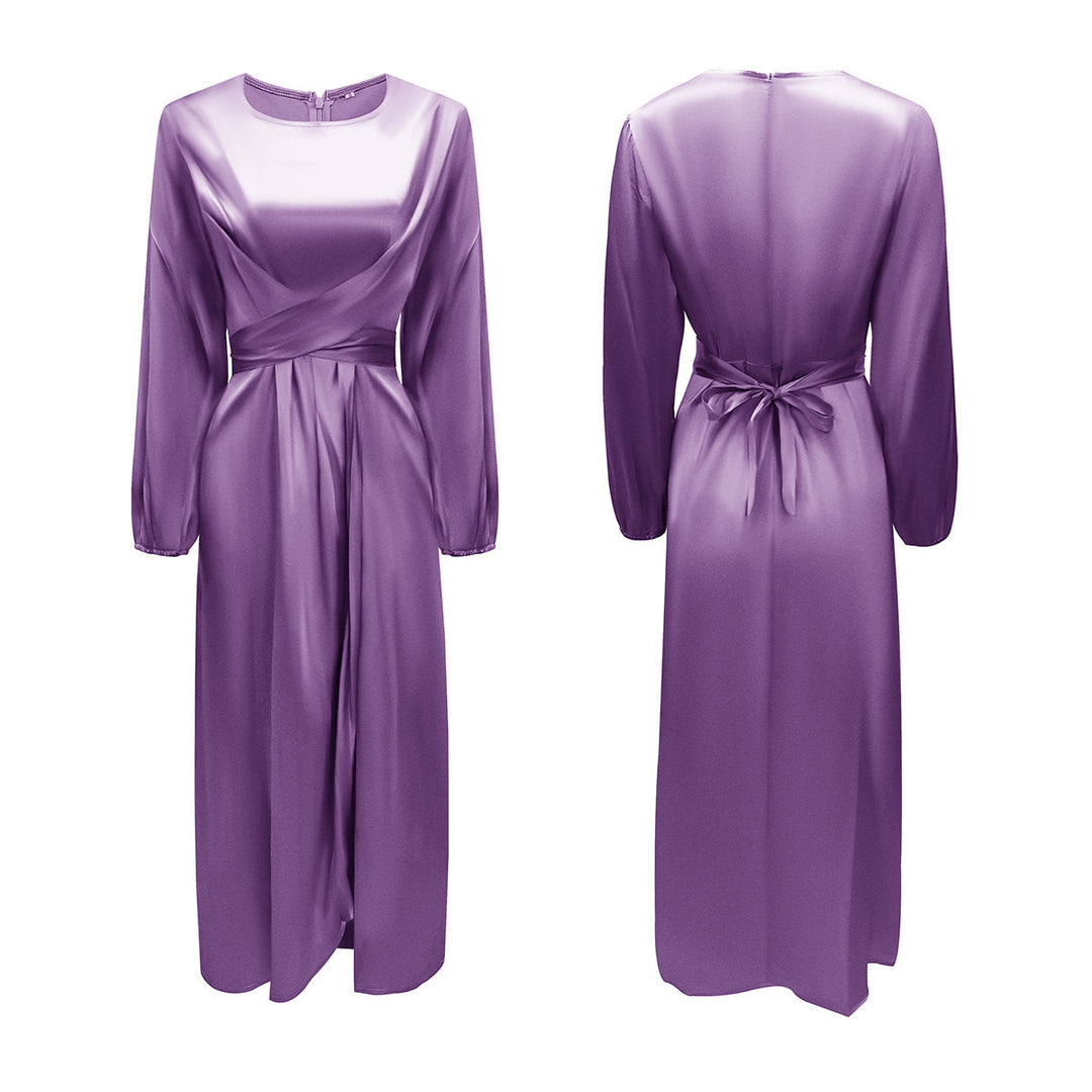 Damen Elegantes Maxikleid aus Satin mit Wickel-Detail, Langarm und Taillenband Nord Taschen
