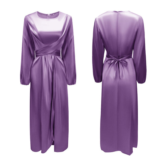 Damen Elegantes Maxikleid aus Satin mit Wickel-Detail, Langarm und Taillenband Nord Taschen