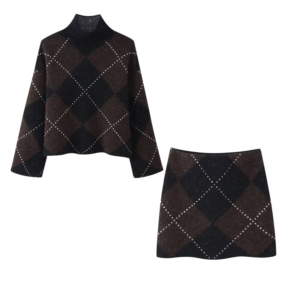 Damen Strick‑Set aus Rollkragen‑Poncho und Minirock mit Argyle‑Muster Nord Taschen