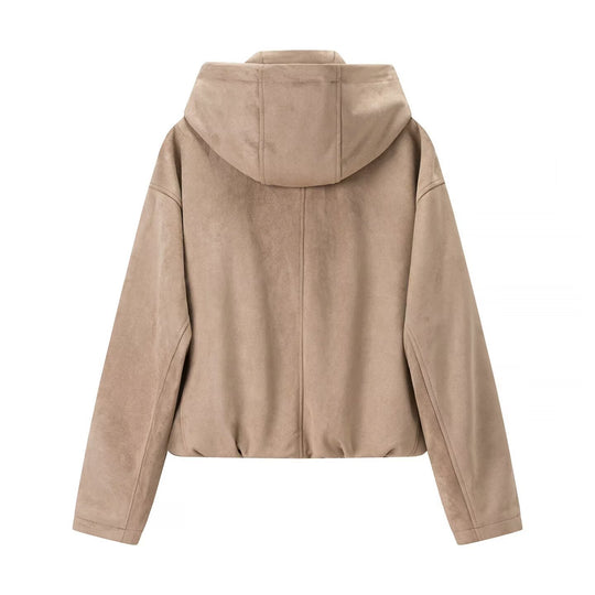 Damen Kurzjacke im Veloursleder‑Look mit Kapuze, Tunnelzug und Reißverschluss Nord Taschen
